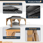 HAPPATIO 12' x 20' Hardtop Gazebo, Outdoor Wood Grain Aluminum with Galvanized Steel, Patio Double Roof Permanent Metal Gazebo Canopy with Netting and Curtains for Backyard, Patio, Deck (Brown)