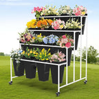 4 Layers Flower Display Stand with Buckets, 16 PCS Buckets Plant Stand with Wheels, Movable Metal Plant Stand for Terrace Garden, Living Room, Florist Shop