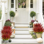 6Pcs Artificial Grass Fake Plants 17.3in Outdoor Plants UV Resistant Greenery Stems Fake Grass for Home Window Garden Office Patio Pathway Front Porch Christmas Décor Light Green & Red