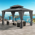 18'x12' Hardtop Gazebo, Heavy Duty Aluminum Permanent Hardtop Gazebo Outdoor Pavilion with Curtains and Netting for Garden (Gray, 18'x12')