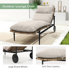 Chaise Lounge Chair Outdoor 3PCS - PE Rattan Wicker Patio Pool Lounge Chairs Set of 2 with Cushion and Wheels, Aluminum Waterproof Lounger with Wood Side Table for Poolside Backyard Porch