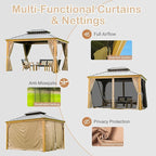 Domi 10' X 14' Hardtop Gazebo Outdoor Metal Gazebo Canopy with Galvanized Steel Double Roof, Wood Grain Aluminum Frame, Curtains and Netting for Patio, Deck, Garden
