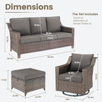 Outdoor Wicker Patio Furniture Set - 5 Piece Outside Rattan Conversation Bistro Dining Chair Sets with Rocking Swivel Chairs, 3-Seat Couch and Ottomans for Porch Yard Balcony – Brown/Grey