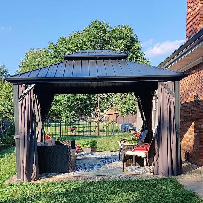 Domi 10' x 10' Hardtop Gazebo Outdoor Metal Gazebo with Galvanized Steel Double Roof Canopy, Curtains and Netting for Patio, Backyard, Deck, Lawn, Grey