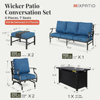 Patio Furniture Set, 6 Pcs Metal Outdoor Conversation Set, 2 Rocker Chairs, 2 Ottomans and 3 Seater Sofa with 5.75" Extra Thick Cushion and Gas Fire Pit Table, Gemstone Blue