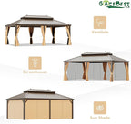 14' X 20' Hardtop Gazebo, Outdoor Galvanized Steel Double Roof Permanent Aluminum Frame Pavilion Pergola Canopy with Privacy Curtains for Garden, Patio, Backyard, Deck and Lawns.