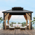 10x12 ft Hardtop Gazebo with Double Roof, Outdoor Heavy Duty Aluminum Gazebo with Netting, All-Weather Protection Metal Canopy for Patio, Garden, Poolside, Poolside (Khaki)