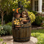Water Fountain Outdoor 29" H Outside Floor 3 Tiered Rustic Barrel with Light, Pump for Garden, Patio, Deck, Porch, Backyard Home Decor