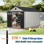 Domi 8×12ft Outdoor Resin Storage Shed - 578+ Cubic Ft Weatherproof Double-Wall Yard Shed with Carpet, Lockable Door and Skylight, Heavy-Duty Steel Frame Storage Building for Lawn Mower, Bike, Tools
