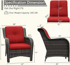Patio Wicker Chairs Set of 2, Patio Rattan Dining Chairs with 3.5-inch Seat Cushions, High Back and Curved Armrest for Garden, Backyard, Balcony and Deck, Red
