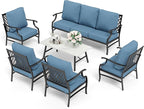 HERA'S HOUSE 6 Piece Patio Furniture Set, 4 x Fixed Metal Cushioned Chair, 1 x 3-Seat Sofa with Marbling Coffee Table, All Weather Outdoor Conversation Set for Lawn Garden Backyard, Navy Blue