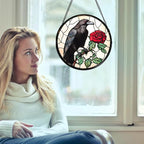 Stained Glass Window Hanging - Black Crow Red Rose Suncatcher for Doors Garden Patio Bird Sun Catchers Decor Christmas Mother's Day Birthday Gifts for Women Men Mom Nana Friend 6.3 in