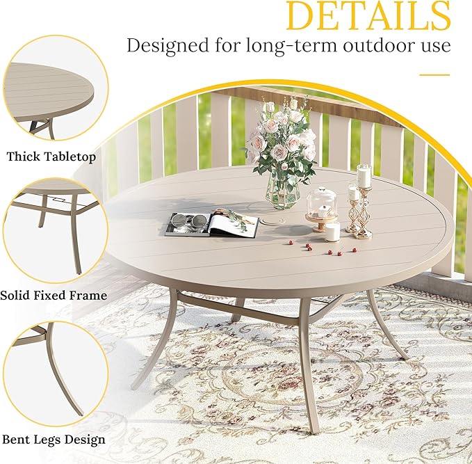 VICLLAX Outdoor Dining Set for 8, Outdoor Furniture Includes 60" Round Patio Table and Swivel Padded Chairs, Sandshell Color Tabletop and Fabric