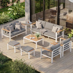 Aluminum Outdoor Patio Furniture Set with Coffee Table, 7 Piece Patio Conversation Sets with Thick Cushion, Ottomans, Patio Sectional Furniture Set for Porch, Balcony, Deck, Yard, White
