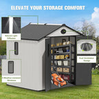 COOS BAY 8x6 Outdoor Resin Storage Shed with Floor, 2 Lockable Doors, All-Weather Durable Garden Shed for Tools & Equipment, White/Gray