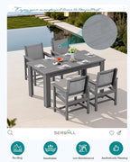 SERWALL 5 Piece Outdoor Dining Table Sets for 4 with 1 Umbrella Hole Cut-Out Rectangular Table and 4 Textilene Chairs, HDPE Dining Table Sets for Garden, Backyard, Poolside, Gray