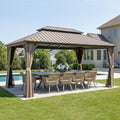 PURPLE LEAF 12' x 16' Outdoor Hardtop Gazebo with 11 Pieces Outdoor Dining Set, Champagne Aluminum Gazebo with Galvanized Steel Double Roof, Curtains and Netting for Patio Lawn and Garden