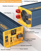 5000 Watt Power Inverter Pure Sine Wave 12V DC to 110V 120V 10000W Peak Heavy Duty Inverter with Remote Control and LED Display, 4 USB/Type-C Ports & 2 AC Outlets Car Charger for Vehicles RV