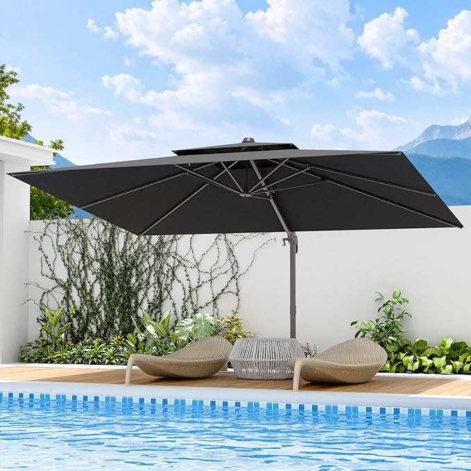 9x12 FT Patio Umbrella, Large Cantilever Rectangular Double Top Heavy Duty Offset Umbrellas with 360° Rotation, Outdoor shade for Garden Deck Pool, Gray