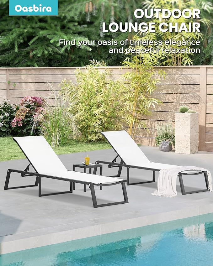 Aluminum Chaise Lounge Chair Outdoor, Foldable & Assembly Free Patio Pool Lounge Chairs 5-Position Recliner for Outside Poolside, Fully Grounded Legs Sun Lounger for Beach, Yard, White