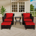 Vista Vibe 5 Pieces Outdoor Rattan Patio Conversation Furniture Set - 360 Degree Swivel Glider Rocker Chairs | Coffee Table | 2 Wicker Ottomans, Premium & Washable Cushions, Terrace (Brown/Red)