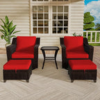 Vista Vibe 5 Pieces Outdoor Rattan Patio Conversation Furniture Set - 360 Degree Swivel Glider Rocker Chairs | Coffee Table | 2 Wicker Ottomans, Premium & Washable Cushions, Terrace (Brown/Red)