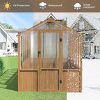 6x12 FT Wooden Greenhouse for Outdoors, Walk-in Greenhouse with 6MM Thick Polycarbonate Panel and Adjustable Roof Vents, Garden Backyard, Wood Colour