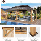 YOLENY 12' x 20' Hardtop Gazebo Wood Grain Pergola with Galvanized Steel Double Roof, Aluminum Frame, Outdoor Patio Gazebo with Netting and Curtains for Deck, Backyard, Patio and Lawns