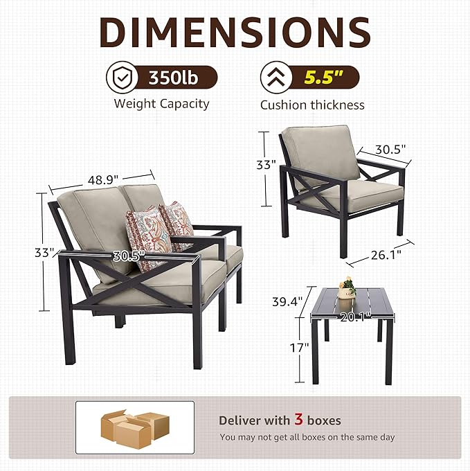NATURAL EXPRESSIONS Outdoor Patio Furniture 4 Pieces Set, Modern Patio Conversation Sets, Outdoor Sectional Metal Sofa with 5.5 Inch Cushion and Coffee Table,Shale