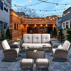 HUMMUH 7-Piece Outdoor Patio Furniture with Fire Pit Set,Wicker Patio Sofa Set Outdoor Rocking Chairs with Ottomans for Backyard,Poolside,Deck