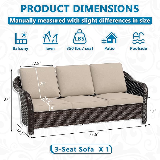 Vista Vibe 78" Patio Wicker 3-seat Sofa, Deep Seat Loveseat, Outdoor All-Weather Rattan Couch with Removable Cushions, Steel Frame Couch for Garden, Poolside (Beige)