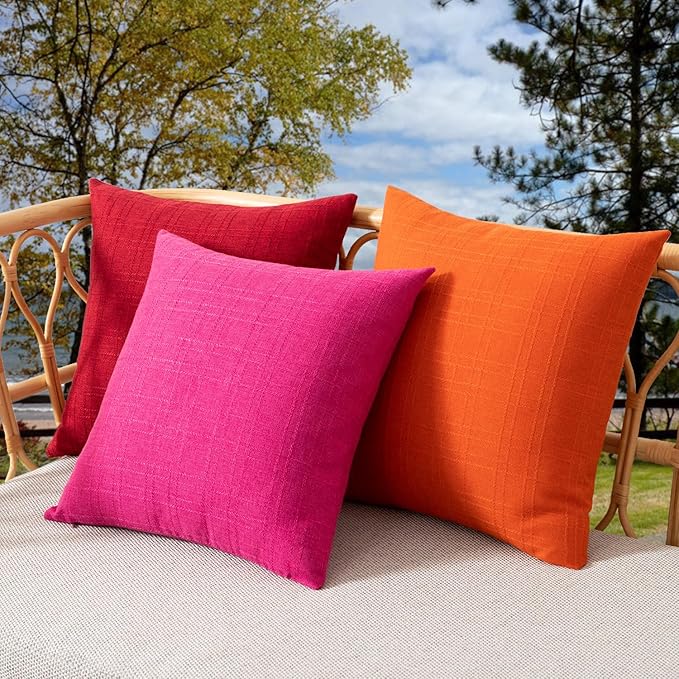 Kevin Textile Pack of 2 Waterproof Pillow Covers - Valentines Day Decorative Throw Covers for Patio Tent Bed Sofa Living Room - 16x16 Inch Hot Pink Checkered