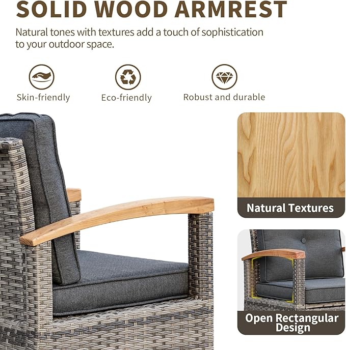 MEISSALIVVE 10 Pieces Outdoor Patio Furniture Sets,PE Wicker Patio Conversation Sets with 4 Wood Armrests Swivel Rocker Chairs，2-seat Sofa and Coffee Table(Grey)
