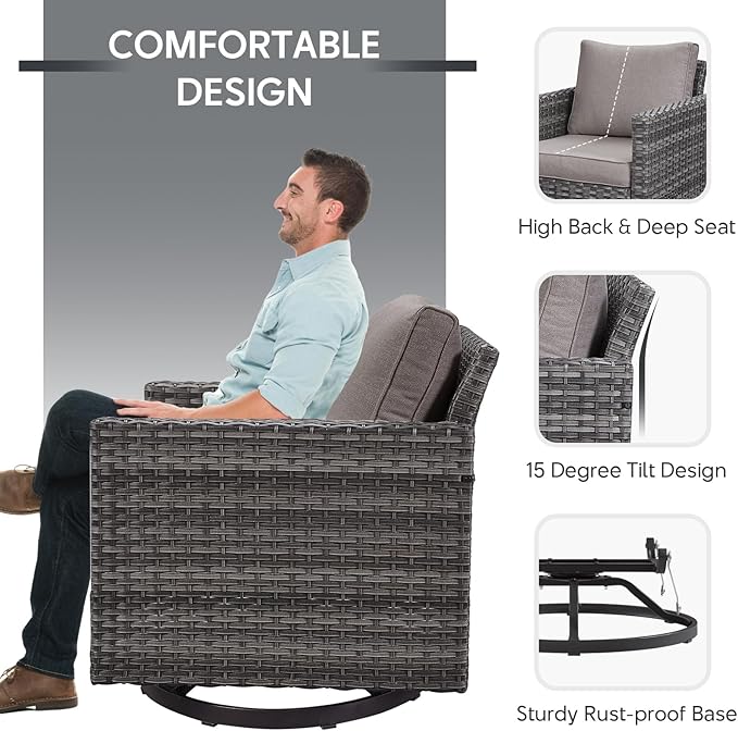 6 Piece Wicker Patio Furniture with Fire Pit Table - Outdoor Conversation Set with 50,000 BTU Fire Pit, All Weather Rattan Patio Set for Deck Backyard Garden - Grey Wicker Grey Cushion