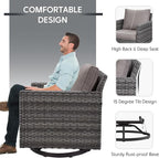 5 Piece Wicker Patio Furniture Set - Outdoor Swivel Rocker Chairs Set with 3 Seat Sofa and Ottomans, Small Patio Conversation Sets Proch Furniture for Balcony Deck - Grey/Grey