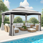 11x13 Gazebo for Patio, Gazebo with Curtains& Sandbags, Double Tier Roof Marquee Canopy for Garden, Deck, Backyard, Lawn (Grey)-Netting not Included
