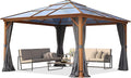 TOOLPORT Hardtop Gazebo 13x13 ft with Polycarbonate Roof - Wood-Like Finish - 4 Side Panels in Gray