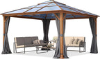 TOOLPORT Hardtop Gazebo 13x13 ft with Polycarbonate Roof - Wood-Like Finish - 4 Side Panels in Gray