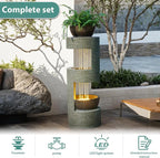 37.8" Outdoor Fountain with Waterfall & LED Lights, Freestanding Garden Water Fountain for Patio/Backyard, Resin Tiered Fountain with Pump
