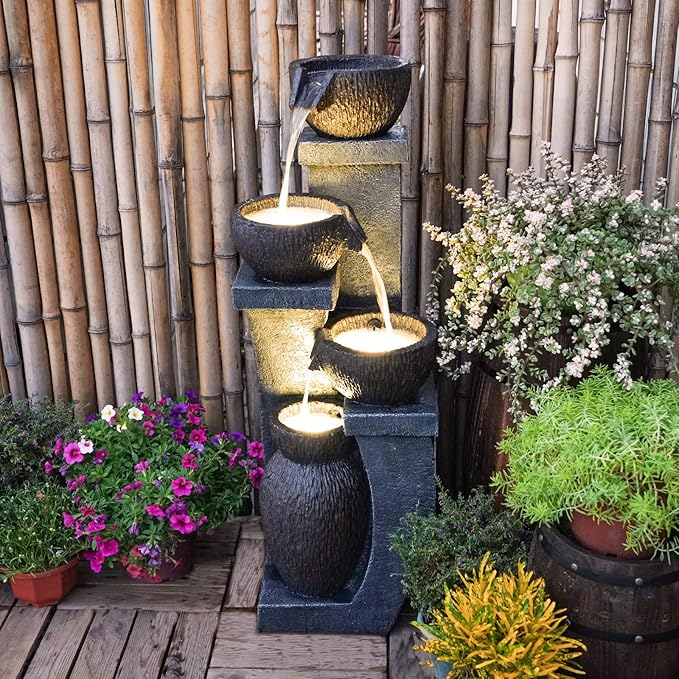 Outdoor Water Fountains Modern Garden Fountains with LED Lighting Indoor Resin Decor for Garden Patio, Deck, Porch, Backyard Home Art DéCor (37.4 inchs)