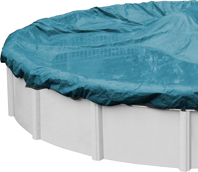 Robelle 28 ft Extra Heavy Duty Blue Winter Pool Cover for Above Ground Pools, 4 ft Overlap (32 ft Cover Size), Solid 10 x 10 Scrim, 2.91 oz/yd2, 12-Year Warranty, Style: 5828-4ROB