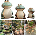 Ceramic Frog Garden Decor Set of 3 - Funny Cute Frog Lawn Ornaments, Outdoor Pond Patio Statues for Yard, Front Porch, Backyard Decor (Dad, Mom & Baby Frogs)