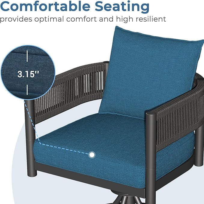 Grand patio Outdoor Dining Chair Set of 2, 2 Pieces Patio Dining Chairs, Metal Woven Wicker Swivel Patio Chairs with Peacock Blue Cushions for Backyard, Deck, Garden, Porch, Lawn and Poolside (Brown)