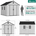 YITAHOME 8x10 FT Outdoor Storage Shed with Floor, Plastic Garden Shed for Bikes, Tools, Supplies, Waterproof Resin Shed with Lockable Doors, 2 Windows & 2 Vents for Patio, Backyard, 556 cu. Ft., Gray