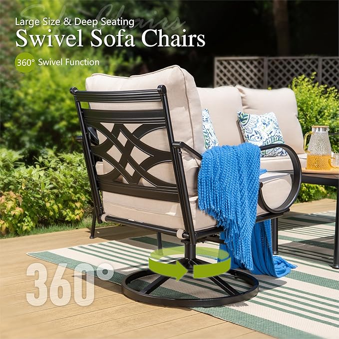 Sophia & William 6 Piece Outdoor Patio Furniture Set, 7 Seats Patio Conversation Sets with 45" Gas Fire Pit Table x 1, 3-seat Sofa x 1, Swivel Chair x 2, Cushioned Chair x 2, Beige