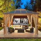 MELLCOM 10x12FT Hardtop Gazebo, Wooden Finish Coated Aluminum Patio Gazebo with Aluminum Composite Double Roof for Patio Lawn and Garden, Curtains and Netting Included