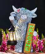 Nacome Highland Cow Garden Statue for Decor: Outdoor Sculpture with Solar Lantern and Welcome Sign for Outside Ornament Yard Art Lawn Porch Patio Balcony - Birthday Gifts for Women Mom(Gray)