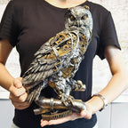 Steampunk Owl Statue 11.6'' H Metallic Silver and Gold Gothic Collectible Animal Figurine Wisdom Gift Owl Sculpture for Home Office Decoration Living Room Tabletop Mantel