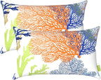 LVTXIII 12×20 Inch Outdoor Lumbar Pillows, Pack of 2 Water Repellent Lumbar Pillow with Inserts, Fluffy Decorative Garden Lumbar Cushions for Home Patio Coach Sofa Use, Coral Multi