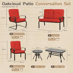 7-Piece Outdoor Metal Furniture Sets Patio Conversation Set, Wrought Iron Loveseat, 2 Dining Chairs, 2 Spring Chairs and Coffee Table, Red